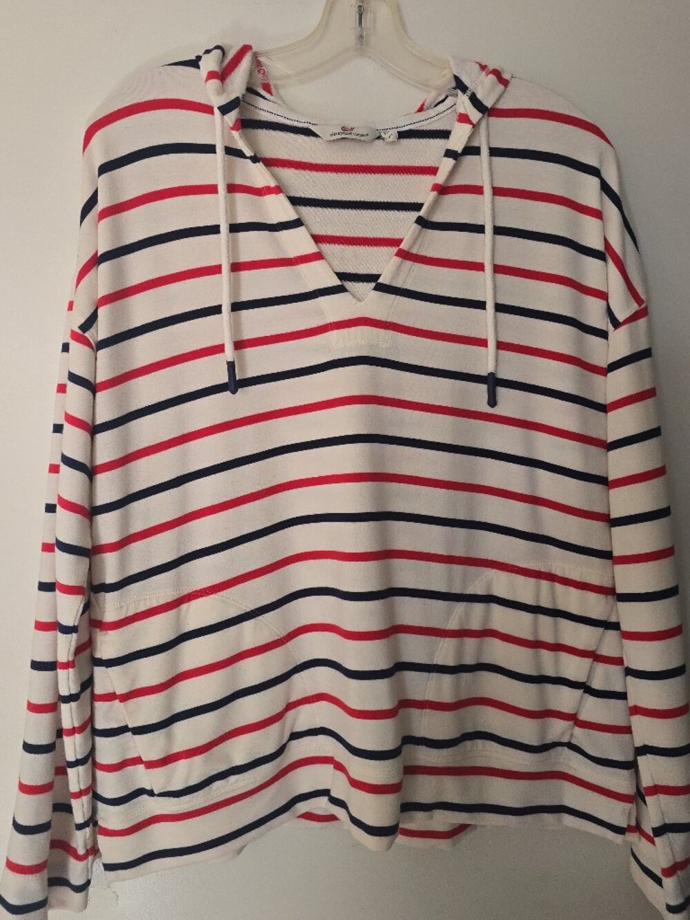 Vineyard Vines Striped V-Neck Pullover Hoodie Women's M Red White Navy